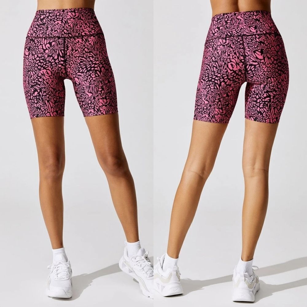 CARBON38 Swirly Leopard Print Biker Shorts in Hot Pink